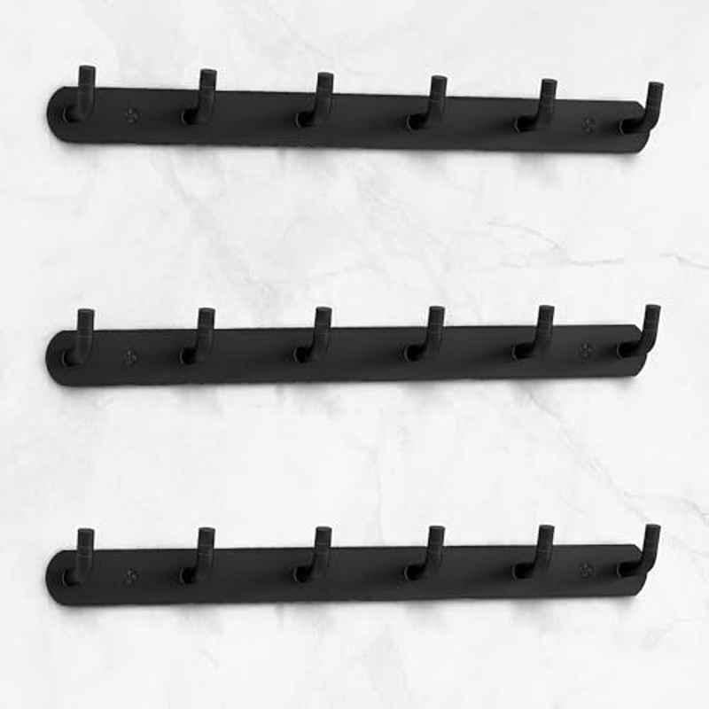 Plantex Wall Hooks for Hanging Cloth/Stainless Steel Towel Hangers/Bathroom Robe Hooks/Door Hangers/Wall Hook Rack/Hook Rail for Hanging Keys 6 Hooks (Pack of 3), Black