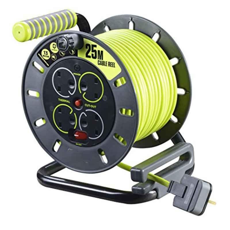 Masterplug Pro-XT 13A 4 Way Thermal Green Socket Open 25m Cable Reel Extension Lead with Winding Handle, OMU25134SL-PX
