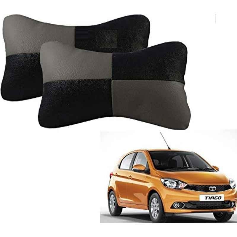 Kozdiko 2 Pcs Leather Grey & Black Neck Rest Car Cushion Pillow Set for Tata Tiago