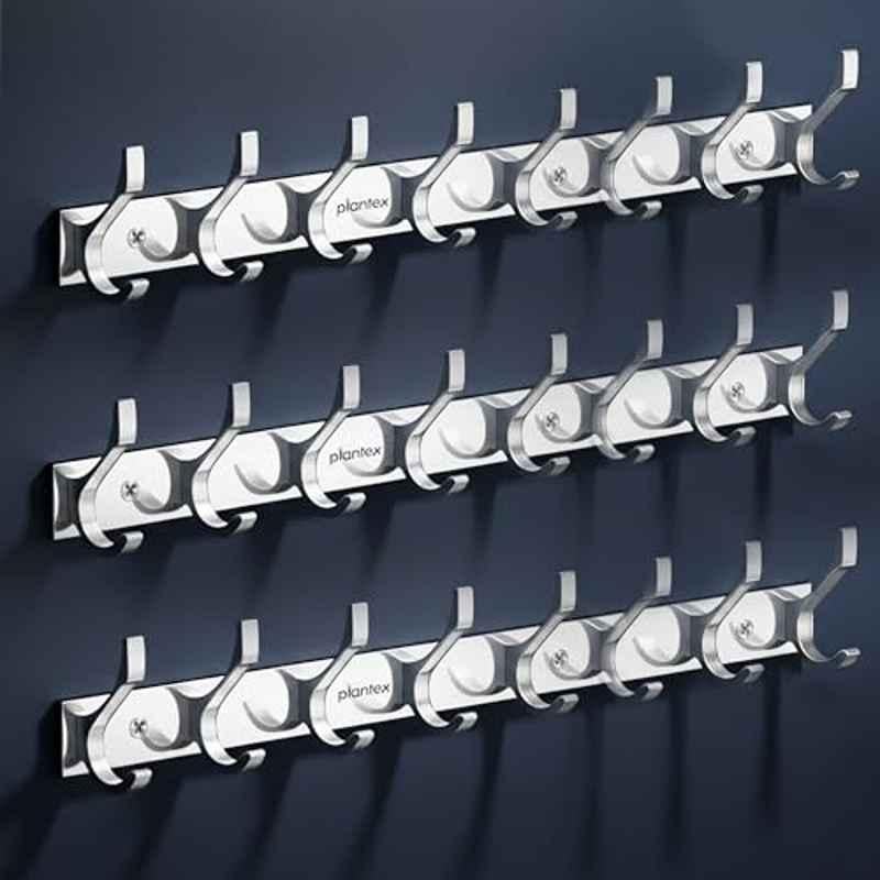 Plantex Aluminum Chrome Wall Hanger with 8 Hooks for Walls of Bathroom/Kitchen - Door Hooks for Clothes/Towel/Keys (Pack of 3)