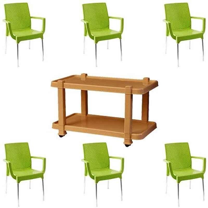 Italica 6 Pcs Polypropylene Green Plasteel Arm Chair & Marble Beige Table with Wheels Set, 1215-6/9509