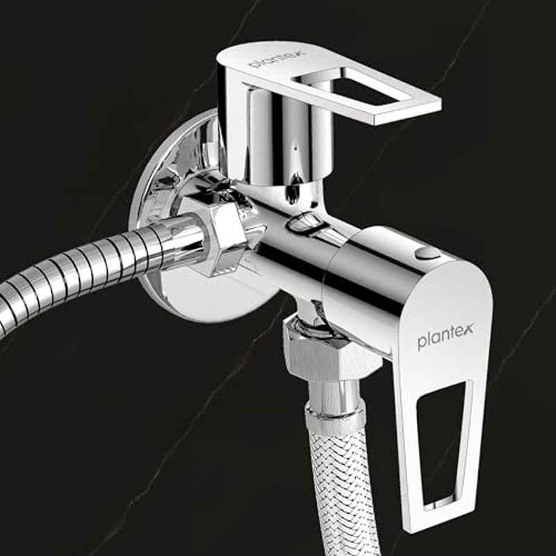 Plantex Brass 2 Way Chrome Angle Valve/Angle Cock for Bathroom with Wall Flange & Teflon Tape, 3220