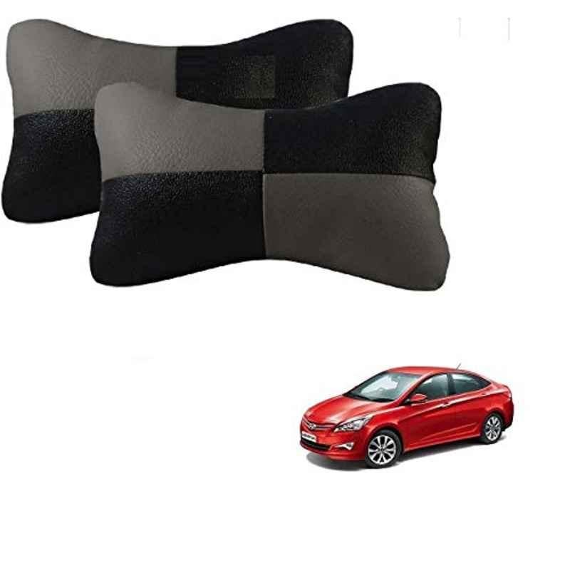 Kozdiko 2 Pcs Leather Grey & Black Neck Rest Car Cushion Pillow Set for Hyundai Fluidic Verna 4s