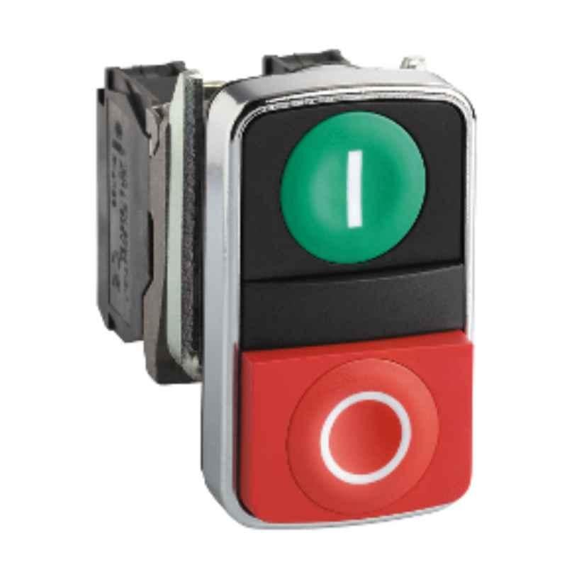 Schneider 1NO+1NC Doubleheaded Metal Green Flush & Red Projecting Marked Push Button, XB4BL73415