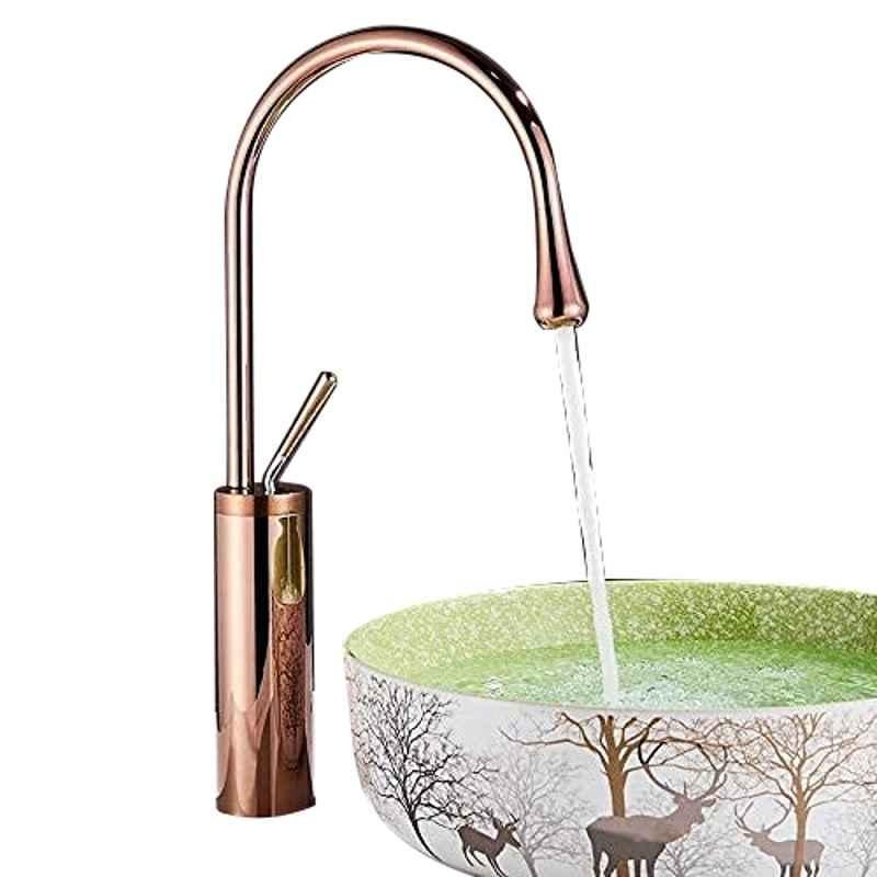 Marcoware Brass Rose Gold Glossy Finish Single Lever Basin Mixer with Hot & Cold Connection Pipe