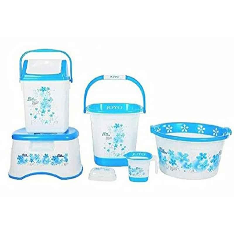 Joyo Super Deluxe 6 Pcs Plastic Blue Bucket, Mug, Swing Dustbin, Bathroom Stool, Soap & Tub Set with Free Lasaani 1000ml Water Bottle