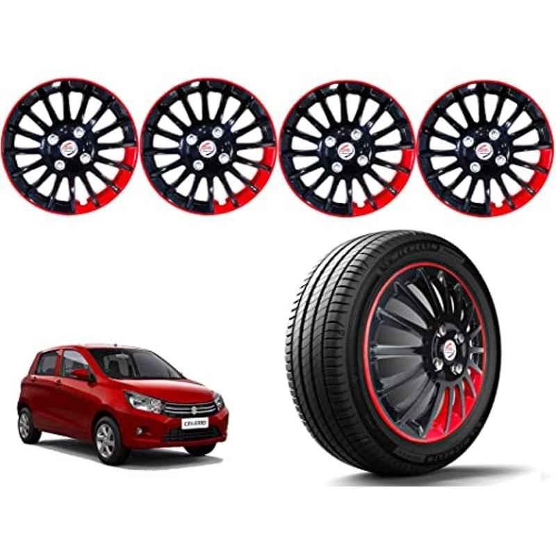 Auto Pearl 4 Pcs 13 inch Polypropylene Black & Red Press Type Car Wheel Cover Set with Retention Ring for Maruti Suzuki Celerio LXI 2014 Onwards, WC13in_CamryREDstrip_CelerioLXI_2014on