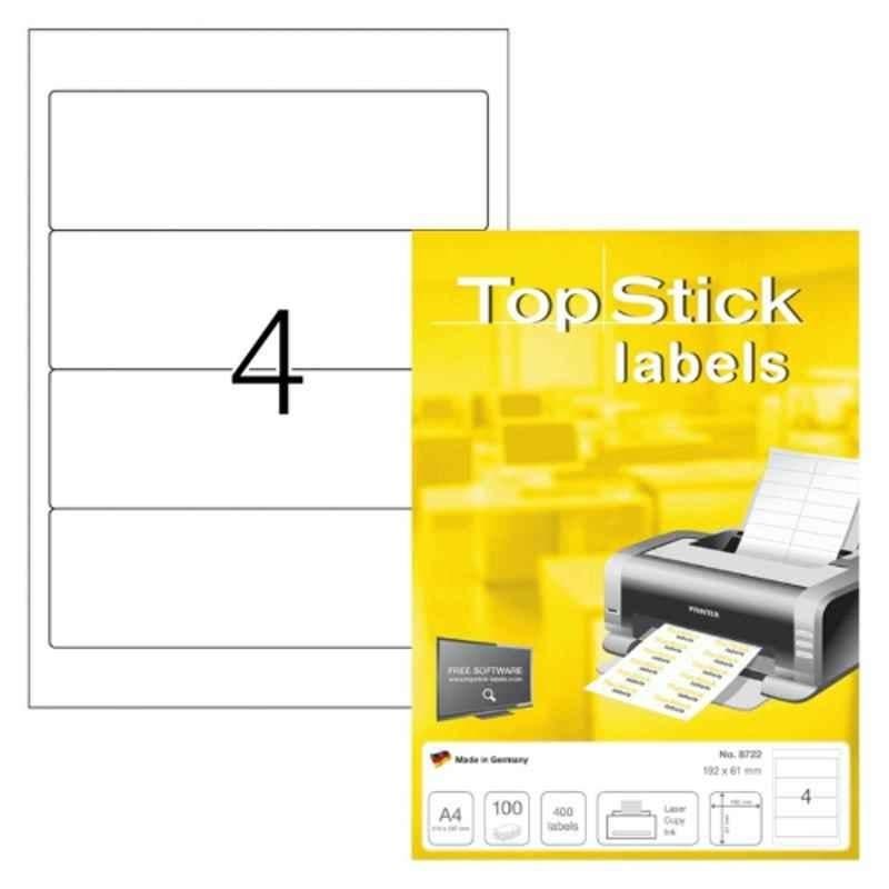 TopStick 192x61mm White 4 Labels Round Corners Box File Broad labels, (Pack of 100 Sheet)