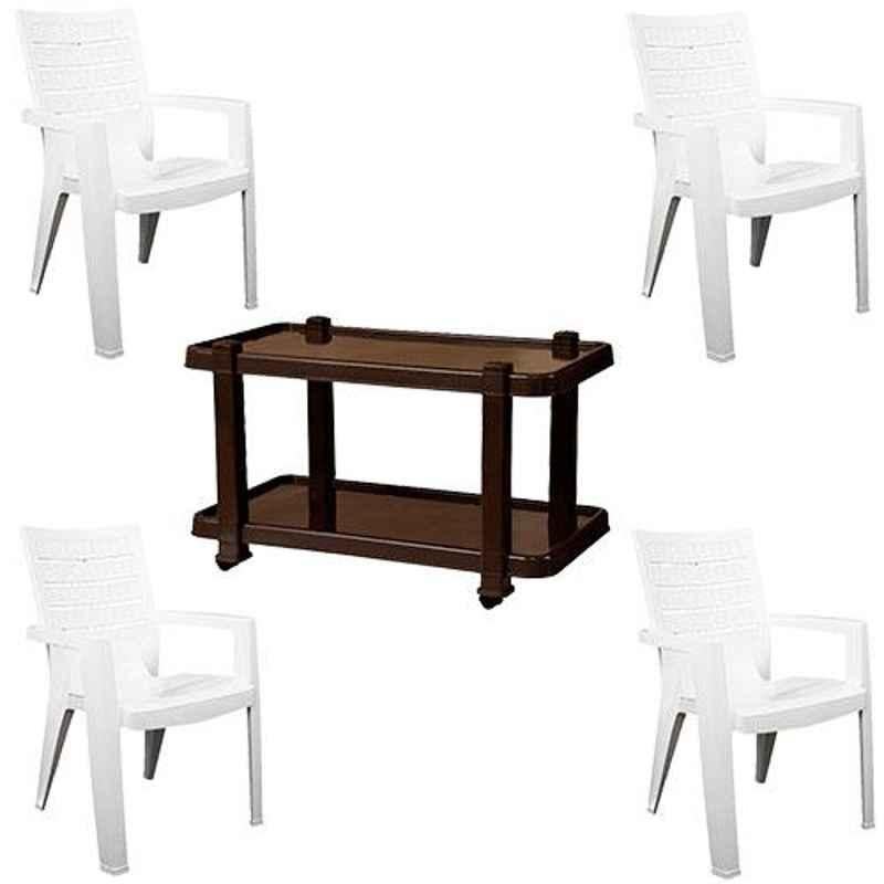 Italica 4 Pcs Polypropylene White Luxury Arm Chair & Nut Brown Table with Wheels Set, 2274-4/9509