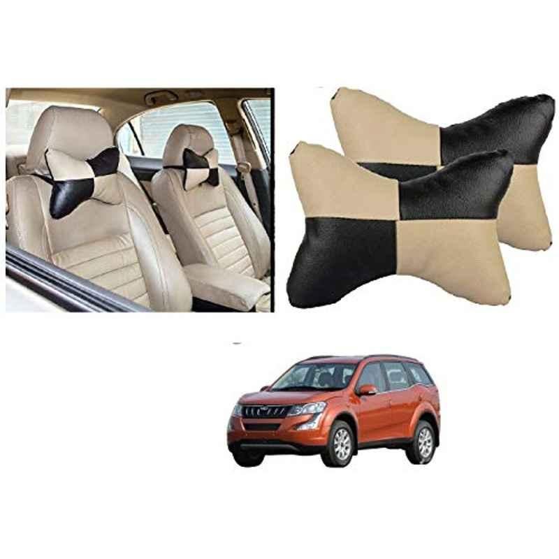 Kozdiko 2 Pcs Black & Beige Car Square Chess Design Neck Rest Seat Pillow Set for Mahindra XUV 500