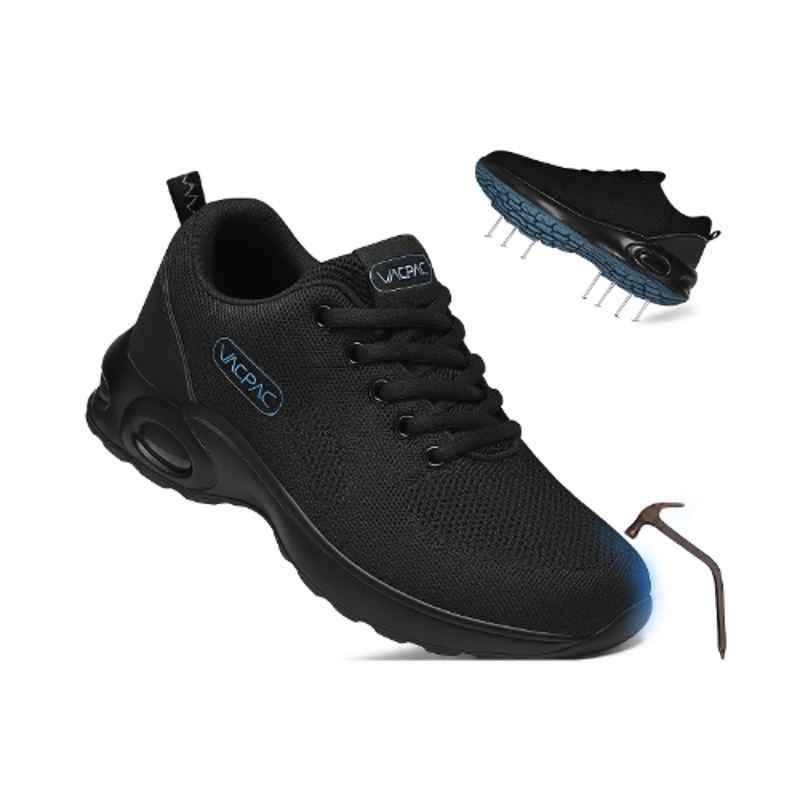 VACPAC Bold Mesh Steel Toe Black Sports Safety Shoes for Daily Use, Size: 9.5