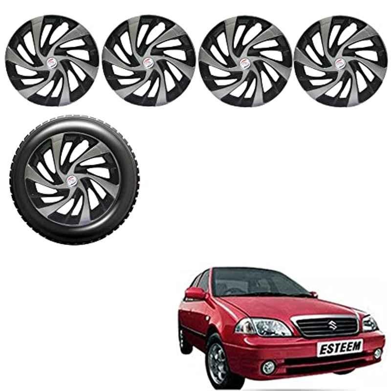 Auto Pearl 4 Pcs 13 inch Silver & Black ABS Press Type Hubcap Wheel Cover Set with Retention Ring for Maruti Suzuki Esteem