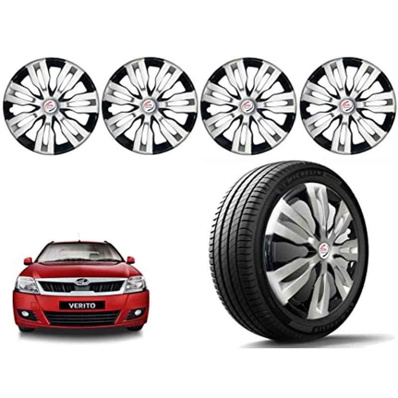 Auto Pearl 4 Pcs 14 inch Polypropylene Silver & Black Press Type Car Wheel Cover Set with Retention Ring for Mahindra Verito, 14WC_Dzire2017_DC_Verito