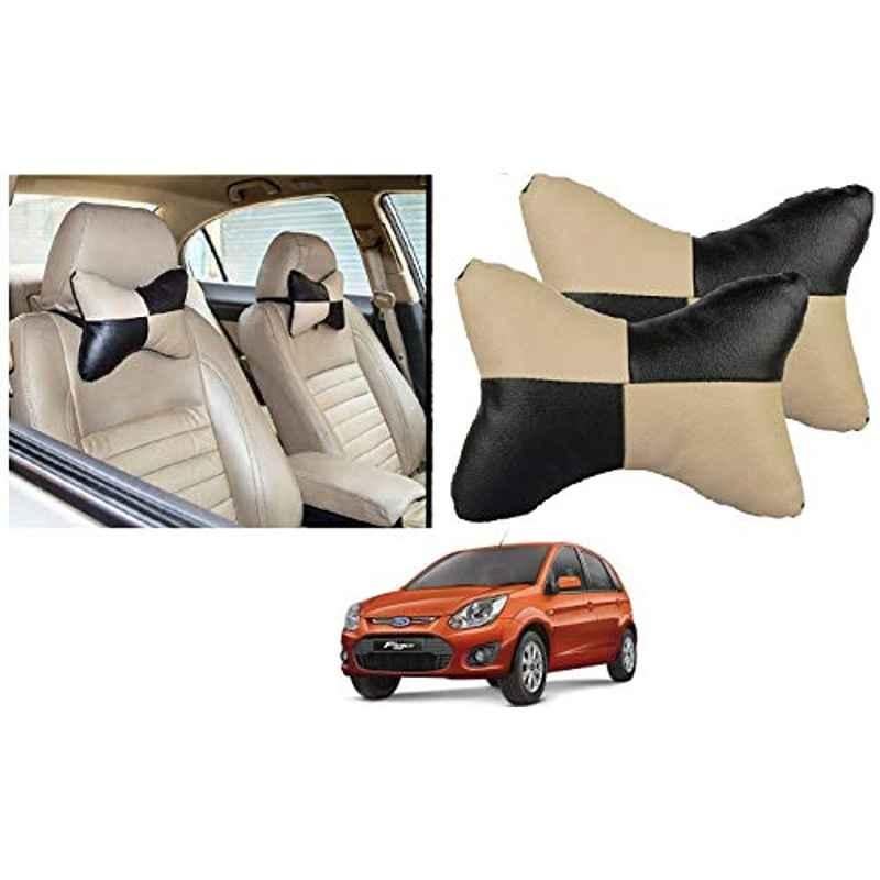 Kozdiko 2 Pcs Black & Beige Car Square Chess Design Neck Rest Seat Pillow Set for Ford Figo