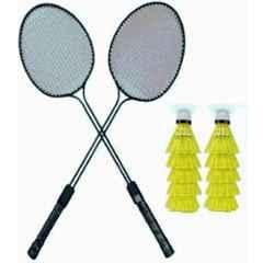 STYRKR 2 Pcs Black Iron Body Badminton Racket with 10 Pcs Nylon Shuttlecocks