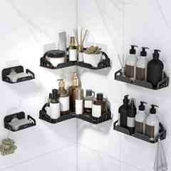 Plantex Self Adhesive Corner Shelf for Bathroom Wall/Stainless Steel Bathroom Organiser/Soap Dish/Side Corner Shelf Set Black