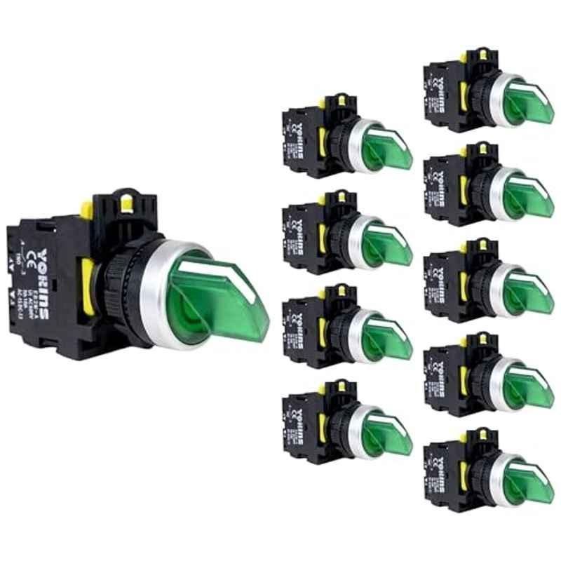 Yokins 22mm 220VAC 2NO Green 3 Position Illuminated Maintained Selector Switch, EB2M-A-20XD (Pack of 10)