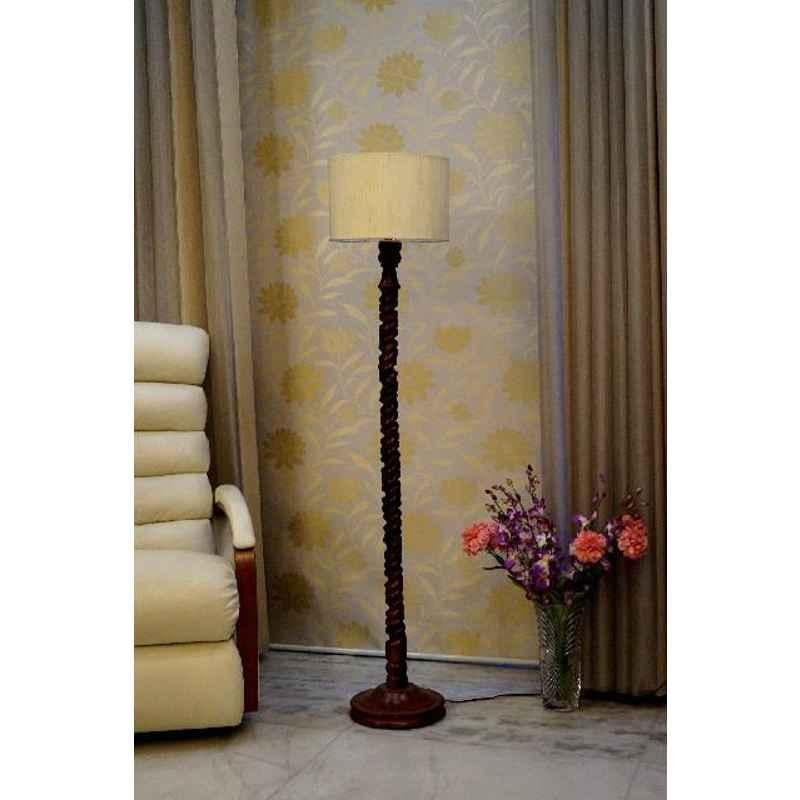 Tucasa Mango Wood Dark Brown Floor Lamp with Off White Drum Polycotton Shade, WF-122