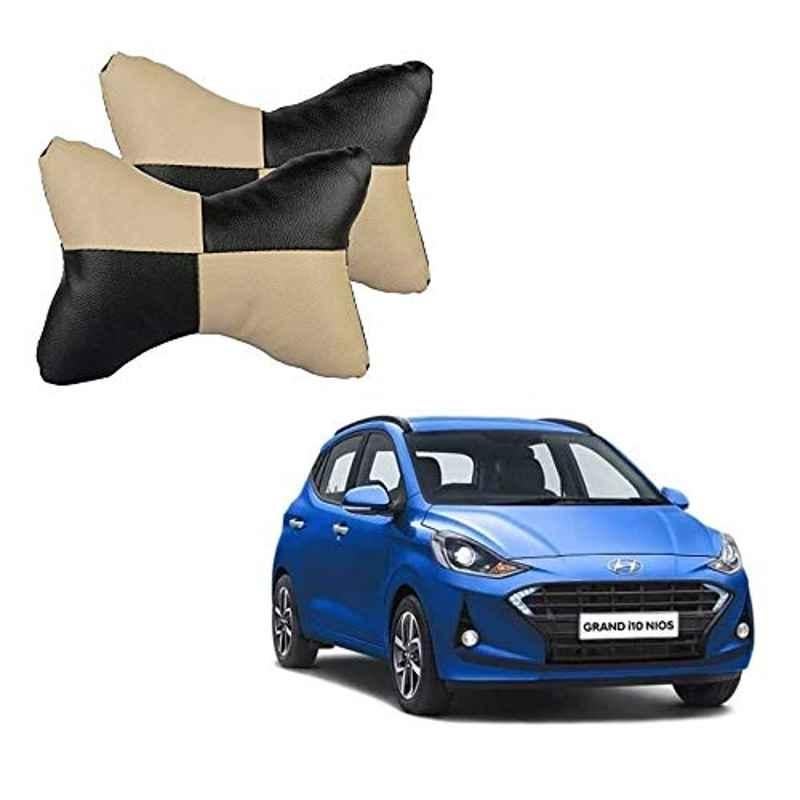 Kozdiko 2 Pcs Black & Beige Car Square Chess Design Neck Rest Seat Pillow Set for Hyundai Grand i10 Nios