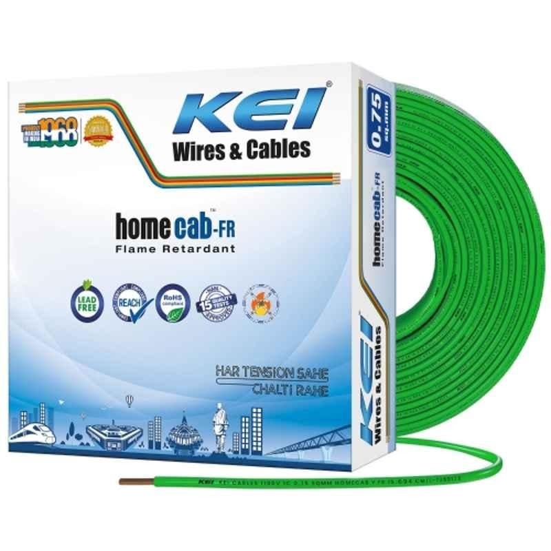 KEI Homecab 0.75 Sqmm 1 Core 99.97% Pure Copper Conductor FR PVC Insulated Cable for Domestic & Commercial Electrical Wiring (Green, 90 Meters)