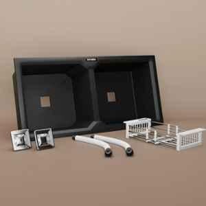 Lorazzo 37x18 inch Quartz Midnight Black Double Bowl Kitchen Sink, LRZ QSB0551 S01
