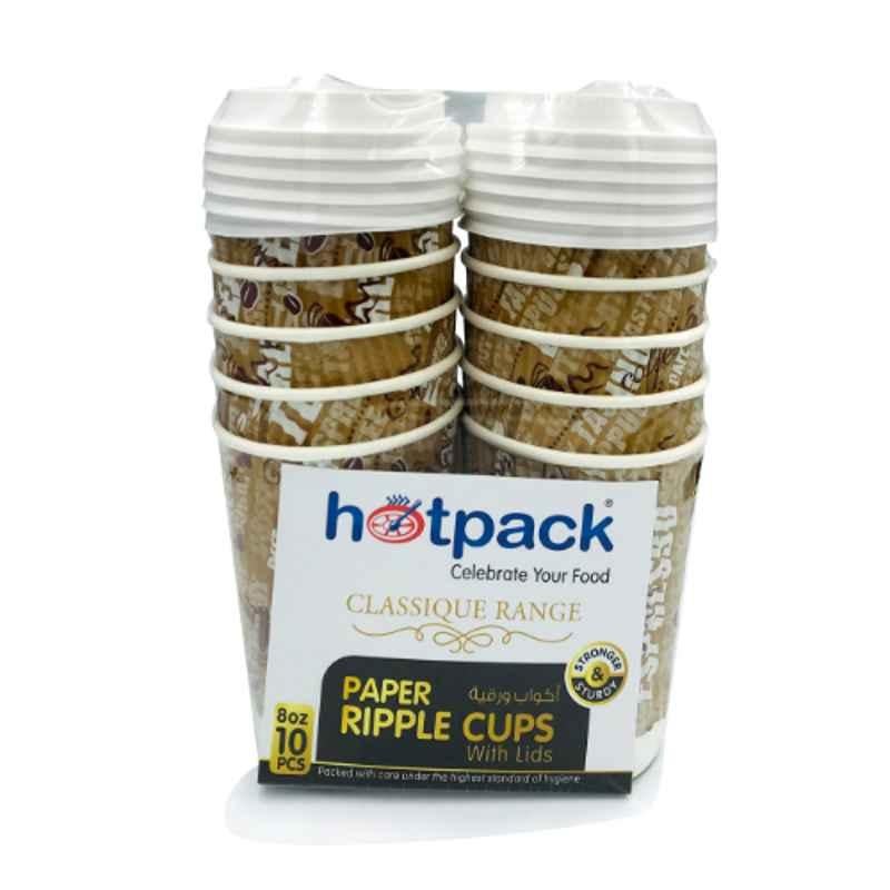 Hotpack 10Pcs 8Oz Printed Ripple Cup with Lid Set, HSMPCRW8