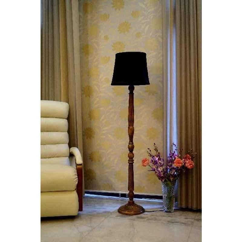 Tucasa Mango Wood Brown Floor Lamp with Black Cylindrical Polycotton Shade, WF-14