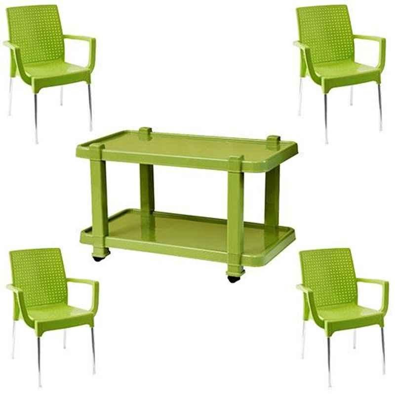 Italica 4 Pcs Polypropylene Green Plasteel Arm Chair & Green Table with Wheels Set, 1215-4/9509