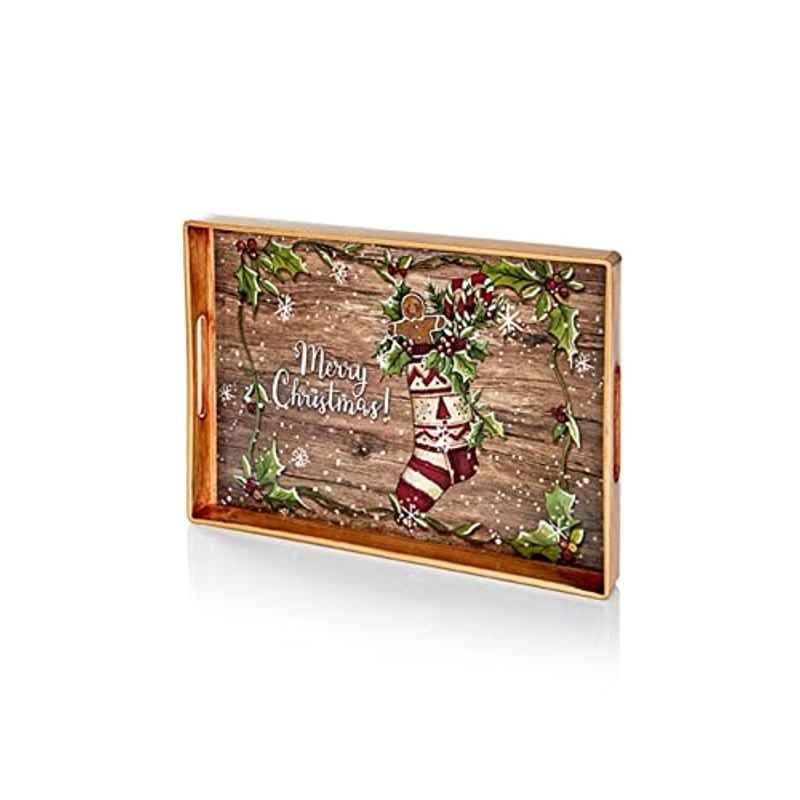 Premier 35x25cm Wooden Natural Xmas Tray with Stocking Design, 710426