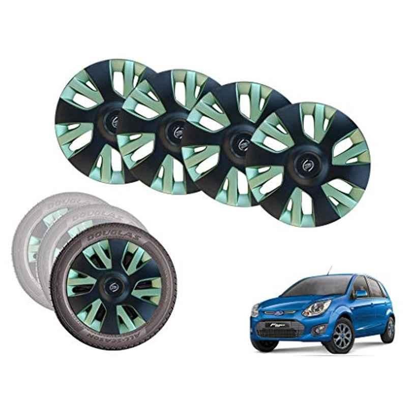 Auto Pearl 14 inch ABS Black & Green Car Hubcap Wheel Cover with Retention Ring Set for Figo Type 2