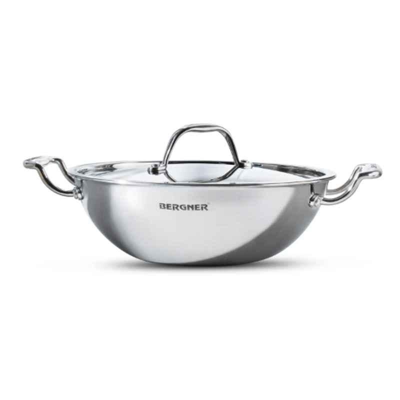 Bergner Argent Triply 24cm 2.5L Silver Stainless Steel Kadhai with Stainless Steel Lid, BG-6332