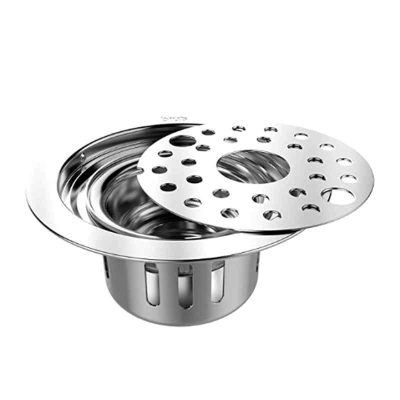 Biut 5x5 inch Stainless Steel Glossy Finish Silver Round Anti Cockroach Drain Jali with Pipe Hole & Trap, AL-83A