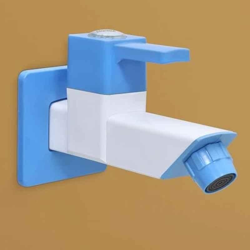 Plantex PTMT ES-111 Bib Cock Polished Water Tap For Bathroom with Water Saving Aerator/Bib Tap with Teflon Tape And Plastic Wall Flange Blue & White