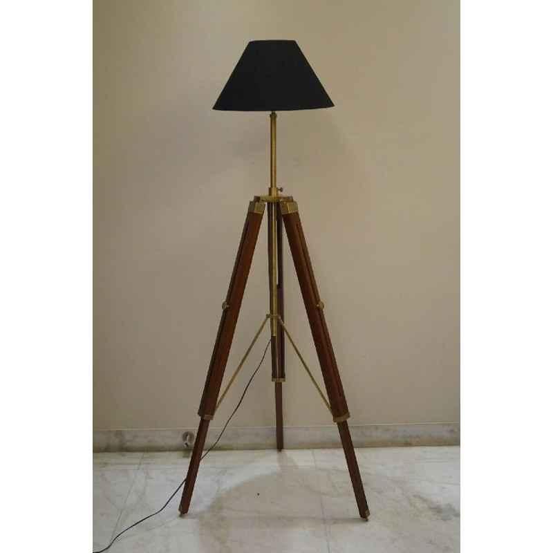 Tucasa Mango Wood Brown Tripod Floor Lamp with Polycotton Black Shade, P-123