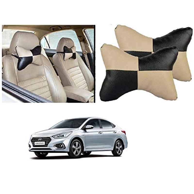 Kozdiko 2 Pcs Black & Beige Car Square Chess Design Neck Rest Seat Pillow Set for Hyundai Verna Nextgen 2017