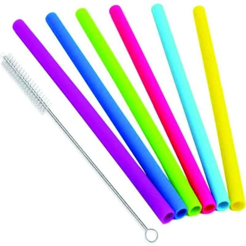 iLife 6 Pcs Silicone Reusable Small Smoothie Long Extra Wide Straws Set with Cleaning Brush