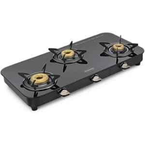 Padmini 3 Burner Stainless Steel Black Automatic Ignition Glass Top Gas Stove, 3BR CS-3 GT Lotus Auto