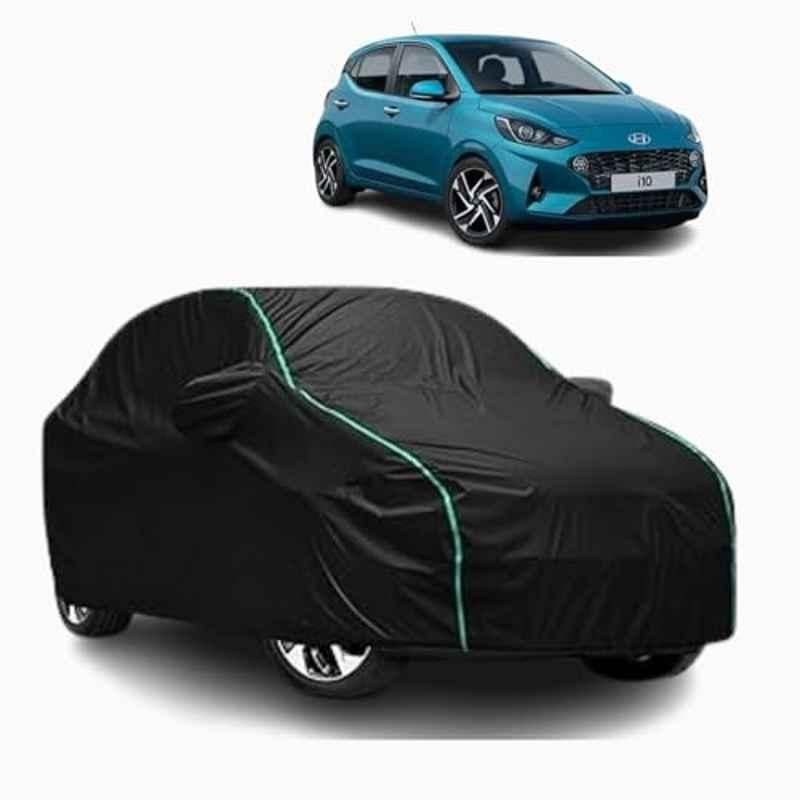 Aarex Auto Polyester Black 100% Waterproof Car Body Cover with Mirror Pocket, Triple Stitched, Anti Dust, Heat Resistant & UV Proof for Hyundai i10, SW-5-Black