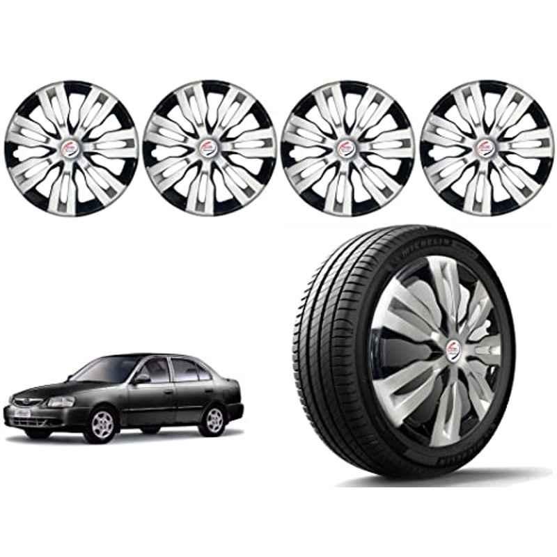 Auto Pearl 4 Pcs 14 inch Polypropylene Silver & Black Press Type Car Wheel Cover Set with Retention Ring for Hyundai Accent, 14WC_Dzire2017_DC_Accent