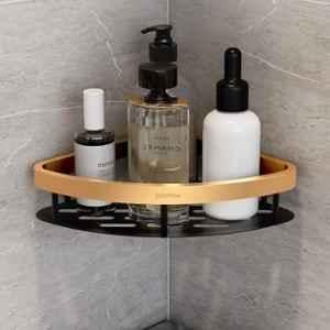 Plantex Self Adhesive Corner Shelf for Bathroom Wall/Aluminium & Stainless Steel Corner Shelf/Storage Organizer/Bathroom Accessories Set- 8x8 inch, Gold & Black