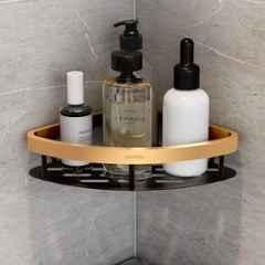 Plantex Self Adhesive Corner Shelf for Bathroom Wall/Aluminium & Stainless Steel Corner Shelf/Storage Organizer/Bathroom Accessories Set- 8x8 inch, Gold & Black
