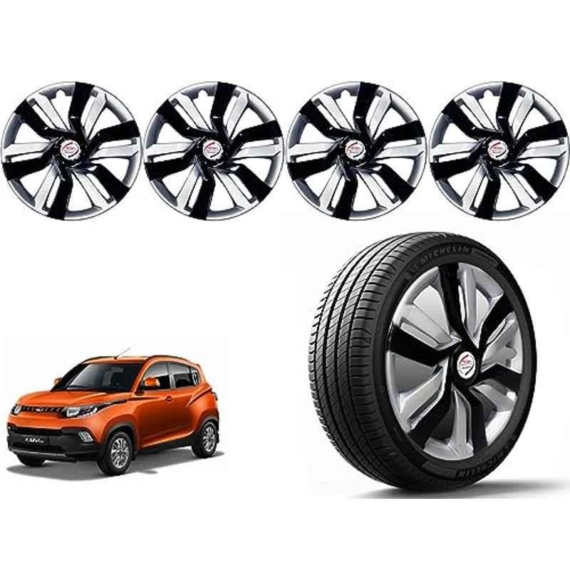 Auto Pearl 4 Pcs 14 inch Polypropylene Black & Silver Press Type Car Wheel Cover Set with Retention Ring for Mahindra KUV 100 2016, 14WC_Idtec_Rev_KUV100_2016