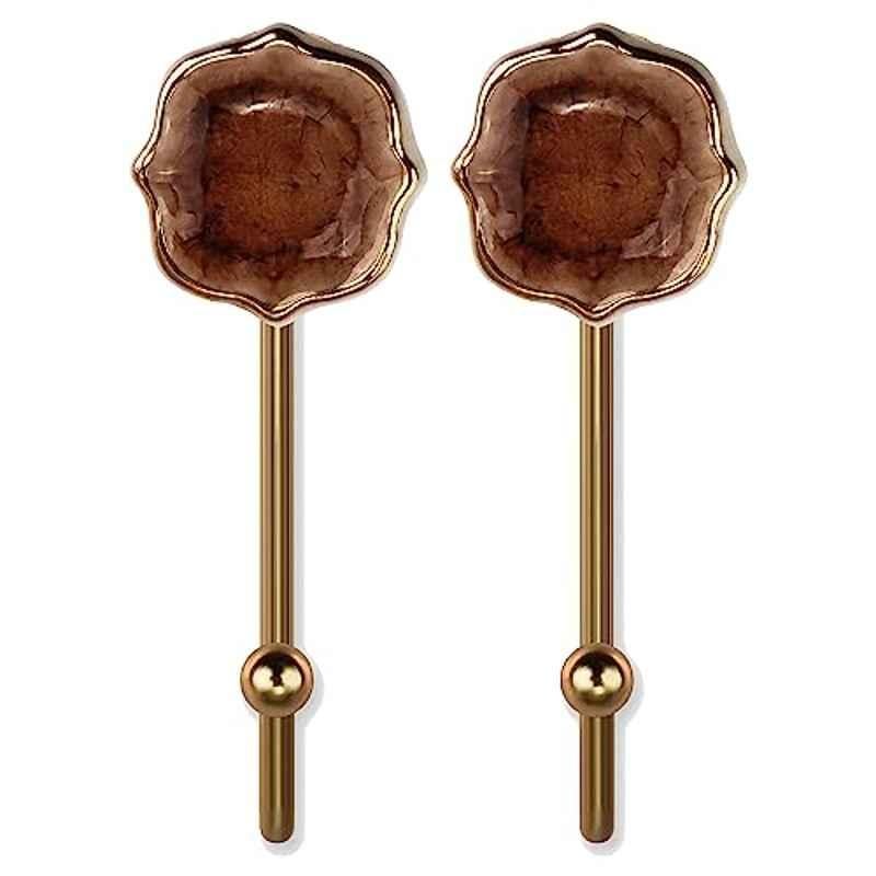 Screwtight 130mm Ceramic Brown & Gold Glossy Finish Multipurpose Crackle Glaze Floral Hook, CHK001FL2 (Pack of 2)