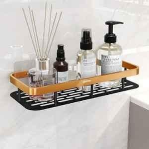 Plantex Bathroom Organiser without Drill/Self Adhesive Stainless Steel Shelf for Bathroom with Aluminium Railing/Kitchen Shelf (12x5 inch, Gold & Black)Wall mount, Bracket shelf