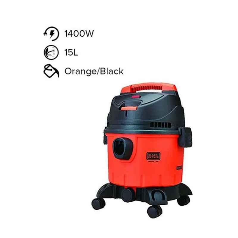 Black & Decker 1400W 240V Plastic Orange & Black Drum Vacuum Cleaner with Wet & Dry Function, WDBD15-B5
