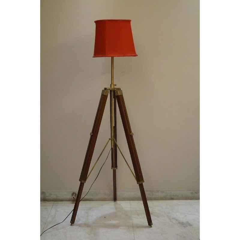 Tucasa Mango Wood Brown Tripod Floor Lamp with Polycotton Red Shade, P-125