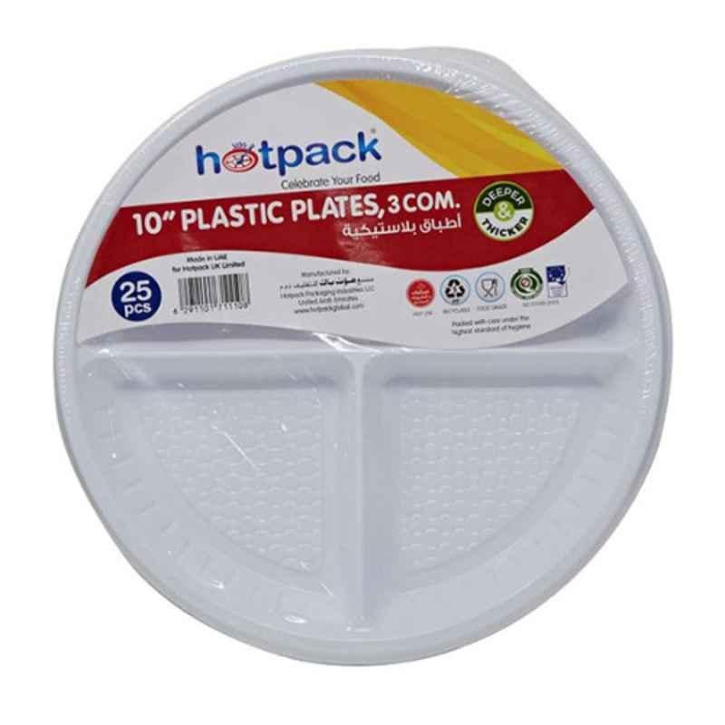 Hotpack 25Pcs 10 inch Plastic Round 3 Compartments Plate Set, PARPP103D