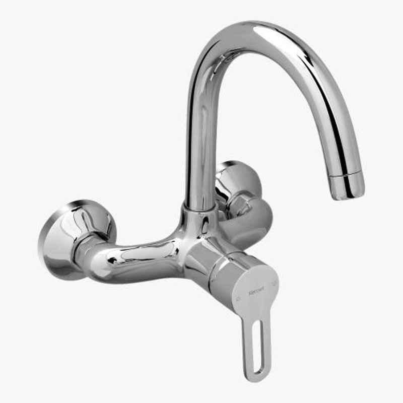 Kerovit Curve Silver Chrome Finish Single Lever Wall Mounted Sink Mixer with Swivel Spout & Flanges, KB1711038