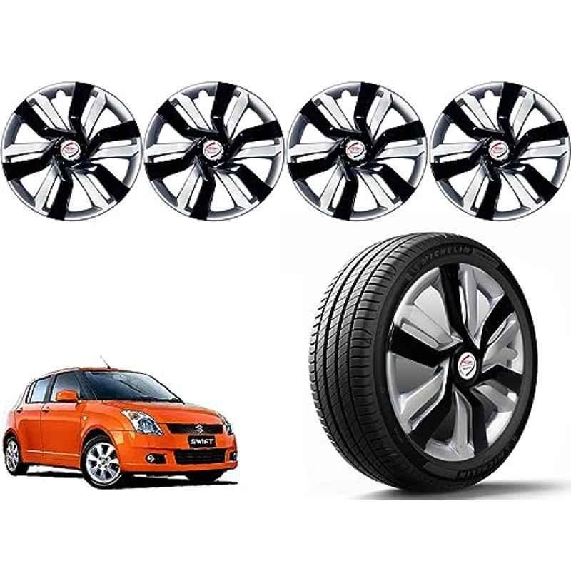 Auto Pearl 4 Pcs 14 inch Polypropylene Black & Silver Press Type Car Wheel Cover Set with Retention Ring for Maruti Suzuki Swift 2006-2010, 14WC_Idtec_Rev_Swift2006_2010