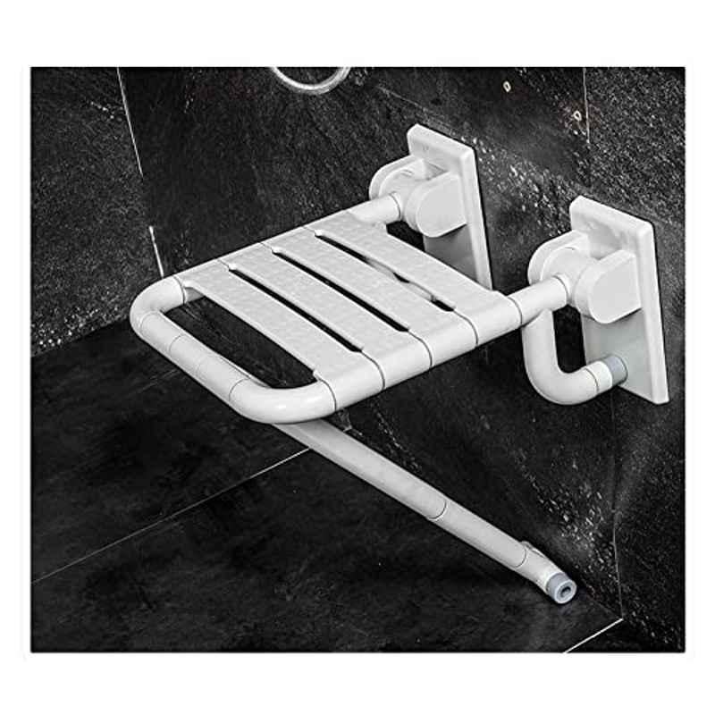 Aquieen ABS & Stainless Steel White Wall Mounted Folding Shower Seat with Support, BA 8443